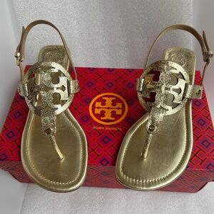 Tory Burch Miller 30MM Slingback Heel Sandal Leather Spark Gold Size 6